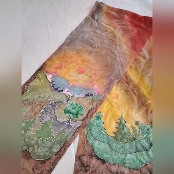 Vintage Handmade 💯 Long Silk Scarf Artisan Landscape - Picture 5 of 14
